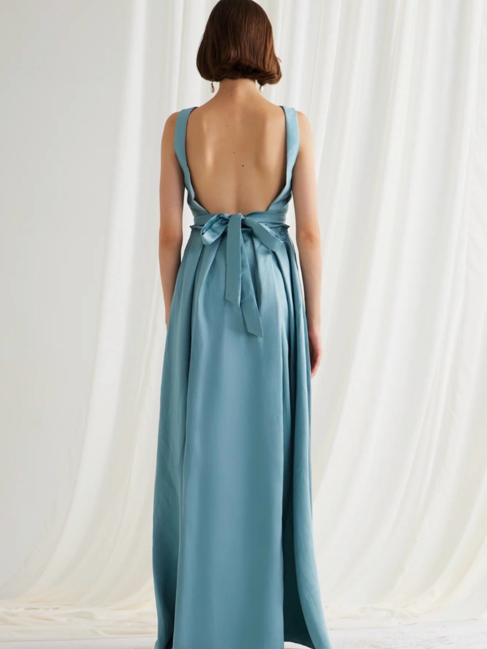 NWT Maison Armory One-Shoulder Maxi Dress, “On A Stroll” Gown in Dusty Blue - Picture 5 of 7